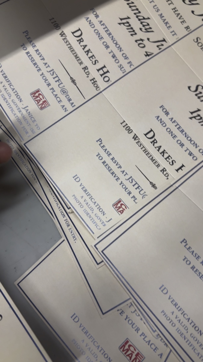 Close-up of the Hey Janice invitation print details